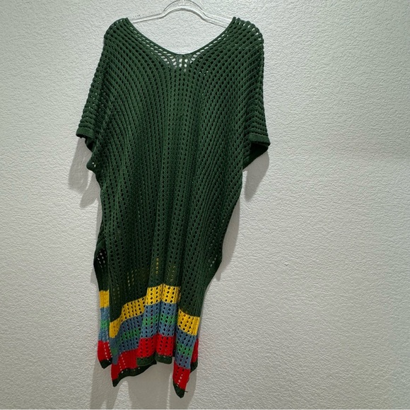 Crochet Knit Sweater Dress Tunic Green Multicolor Stripes 2XL – Fall Layering - Picture 6 of 9